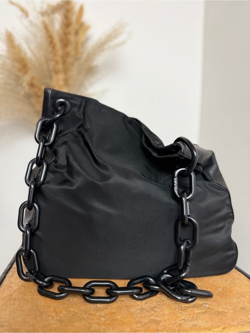 Prada Tessuto Nylon Resin Chain Shoulder Tote Bag Black Vintage Y2K